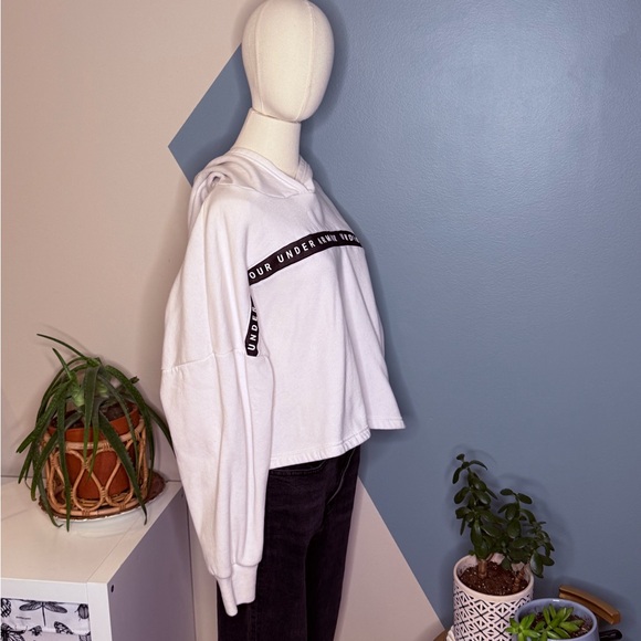 Under Armour White Logo Tape Hoodie Loose Fit Women’s Medium Athleisure Fleece - Picture 3 of 12